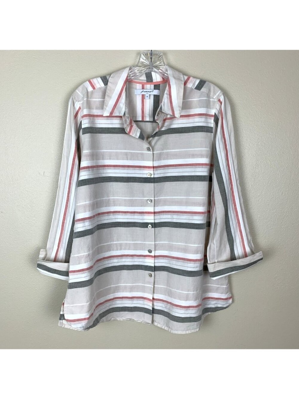 Foxcroft Womens 14 Tunic Button Up Shirt Top Linen Blend‎ Stripe Beach Boho Pink